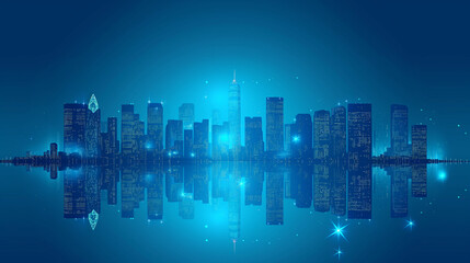 Urban Sunset and Night Cityscape Illustration with Skyline, Skyscrapers, and Business Towers in 3D...