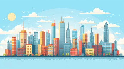 Fototapeta premium Urban Sunset and Night Cityscape Illustration with Skyline, Skyscrapers, and Business Towers in 3D Vector Design