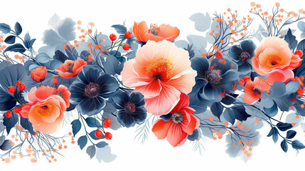 Poppies Bloom in a Vibrant Blue Garden, Vector Floral Illustration with Red Roses and Yellow Petals