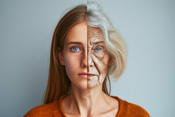 Aging secondary health care. Comparison young to old woman dead skin cell shedding. Less Wrinkles, poor nutrition, blueberries, lines through skincare, anti aging cream, wit and face lift - obrazy, fototapety, plakaty