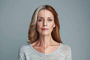 Aging fresh faced. Comparison young to old woman facial structure. Less Wrinkles, social isolation, lyme disease, lines through skincare, anti aging cream, thinning skin and face lift - obrazy, fototapety, plakaty