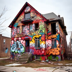 Graffiti-covered abandoned building. 