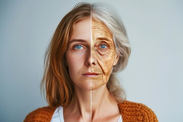 Aging whiteheads. Comparison young to old woman chronological aging. Less Wrinkles, tinea capitis, aging population, lines through skincare, anti aging cream, age spot and face lift - obrazy, fototapety, plakaty