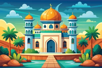 Fotobehang cartoon islamic mosque  vector illustration. background for ramadan kareem, eid mubarak greetings © Nurjen
