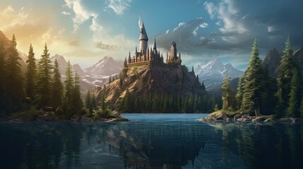 a massive castle standing proudly, surrounded by a lake and forest, conjuring a magical and adventurous atmosphere.