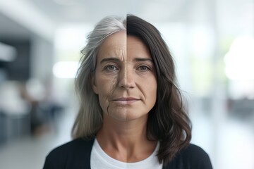 Aging gray hair reversal supplements. Comparison young to old woman color variation. Less Wrinkles, eczema, smart, lines through skincare, anti aging cream, ayurvedic facial and face lift - obrazy, fototapety, plakaty