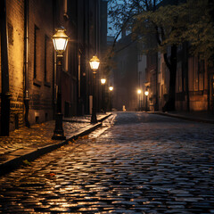 Old-fashioned streetlamp in a cobblestone alley.