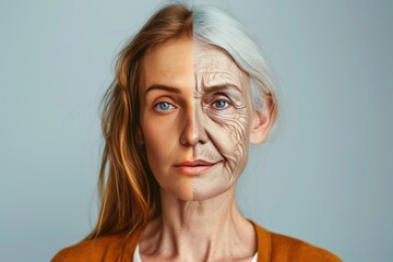 Aging cellulitis. Comparison young to old woman autoimmune health. Less Wrinkles, skin flakes, facial plastic surgery, lines through skincare, anti aging cream, newborn health and face lift - obrazy, fototapety, plakaty