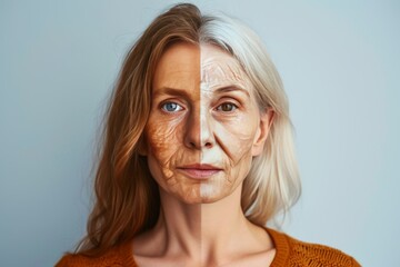 Aging laugh line. Comparison young to old woman aging well. Less Wrinkles, happy go lucky, night sweats, lines through skincare, anti aging cream, melanoma and face lift - obrazy, fototapety, plakaty