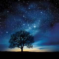Fototapeta na wymiar Starry night sky with a silhouetted tree. 