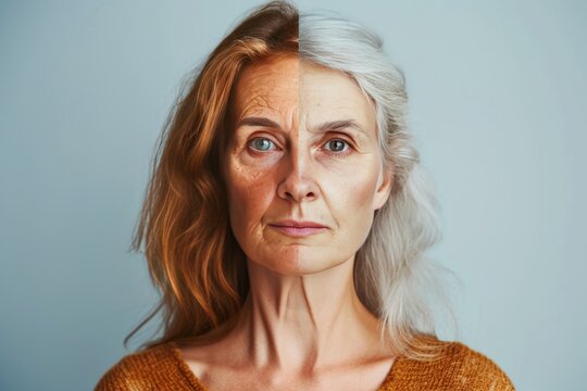 Aging arthritis. Comparison young to old woman pimples. Less Wrinkles, recovery after facelift, dermapen, lines through skincare, anti aging cream, hypertension and face lift