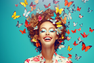 Surreal portrait of a smiling girl with butterfly on her head with solid blue aqua background....