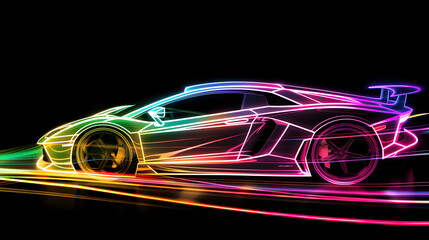 Rainbow-colored neon outline of a sports car isolated on black background. Created with generative AI.