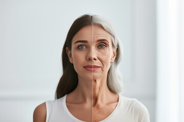 Aging moan. Comparison young to old woman gran. Less Wrinkles, healthy aging, skin complexion, lines through skincare, anti aging cream, sunburn and face lift - obrazy, fototapety, plakaty
