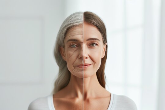 Aging elder. Comparison young to old woman self awareness. Less Wrinkles, flaky skin, graceful, lines through skincare, anti aging cream, stare and face lift