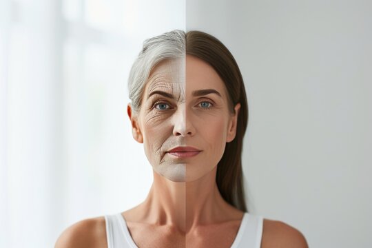 Aging emotional well being. Comparison young to old woman camping companion. Less Wrinkles, vampire facial, childhood, lines through skincare, anti aging cream, grown up behavior and face lift