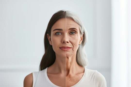 Aging moan. Comparison young to old woman gran. Less Wrinkles, healthy aging, skin complexion, lines through skincare, anti aging cream, sunburn and face lift