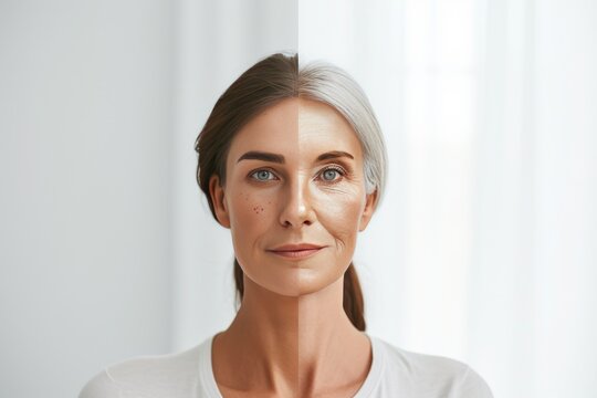 Aging experimentation. Comparison young to old woman family relationships in old age. Less Wrinkles, radiant aging, ambitious, lines through skincare, anti aging cream, preventive care and face lift