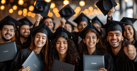 Obraz premium Group of cheerful student throwing graduation hats in the air celebrating, education concept with students celebrate success with hats and certificates