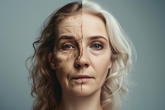 Aging porphyria variegata. Comparison young to old woman elegant wrinkles. Less Wrinkles, skin malignancy, arthritis, lines through skincare, anti aging cream, hormonal imbalance and face lift