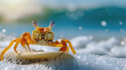 Fotobehang A cute crab surfer enjoys a fun-filled summer day at the beach, riding waves with enthusiasm, Ai Generated. © Crazy Juke
