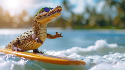 Selbstklebende Fototapeten A cute crocodile surfer enjoys a fun-filled summer day at the beach, riding waves with enthusiasm, Ai Generated. © Crazy Juke