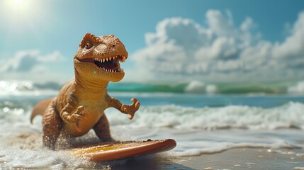 A cute dinosaur surfer enjoys a fun-filled summer day at the beach, riding waves with enthusiasm,...