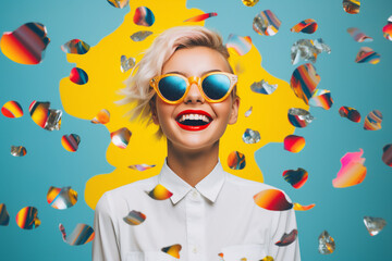 Surreal portrait of a smiling girl Abstract photo in pop art collage style