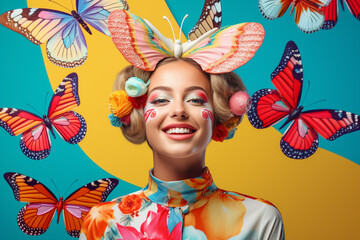 gnome Surreal portrait of a smiling girl with butterfly on her head with solid background. Abstract...