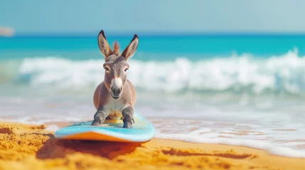 Foto auf Acrylglas Antireflex A cute donkey surfer enjoys a fun-filled summer day at the beach, riding waves with enthusiasm, Ai Generated. © Crazy Juke