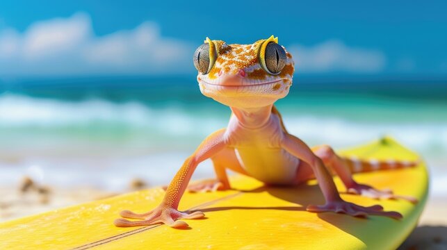 A cute gecko surfer enjoys a fun-filled summer day at the beach, riding waves with enthusiasm, Ai Generated.