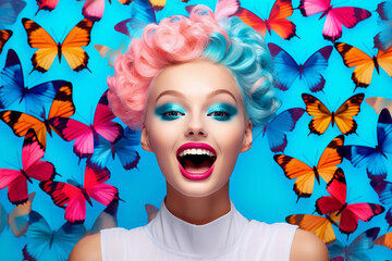 Surreal smiling girl with butterfly on her head with solid background. Abstract photo in pop art...