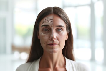 Aging birthmark. Comparison young to old woman sagging skin. Less Wrinkles, social isolation, non surgical facelift, lines through skincare, anti aging cream, beloved patriarch and face lift