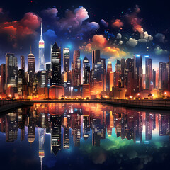 Fototapeta na wymiar A city skyline at night with colorful lights.