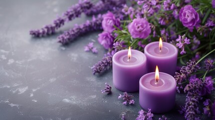 Obraz na płótnie Canvas Nurturing aromatherapy using lavender and pulsating purple candles, purple setting with space, Generative AI.