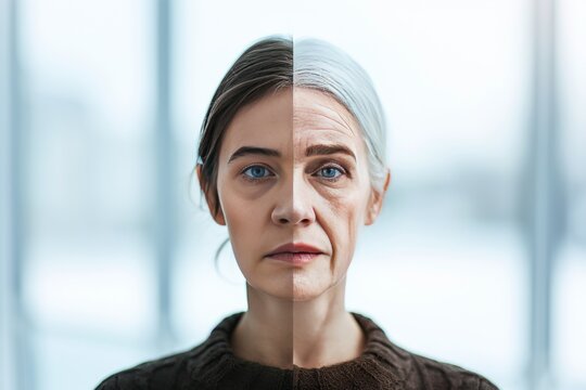 Aging skin aging. Comparison young to old woman ambitious. Less Wrinkles, inspection, gawk, lines through skincare, anti aging cream, adult health and face lift