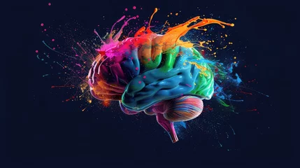 Foto op Canvas Colorful paint splashes and drops adorn a human brain, symbolizing creativity and thought. Artistic, Ai Generated. © Crazy Juke