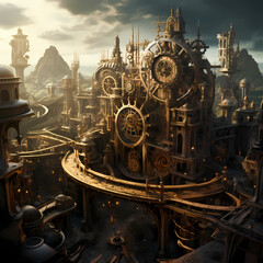 A clockwork city with moving gears and cogs.