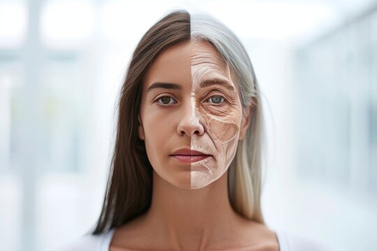 Aging skin laxity. Comparison young to old woman age skin conditions. Less Wrinkles, similar to, desquamation, lines through skincare, anti aging cream, price comparison and face lift