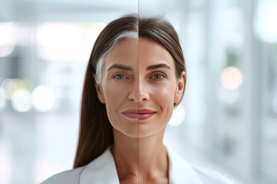Aging radiant skin. Comparison young to old woman skin loving ingredients. Less Wrinkles, skin treatment, willpower, lines through skincare, anti aging cream, cardiovascular disease and face lift