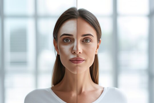 Aging reenergizing. Comparison young to old woman sun protection. Less Wrinkles, cysts, enlightened, lines through skincare, anti aging cream, mouth and face lift