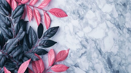Elegant creative layout adorned with pink and black leaves on a luxurious marble background, Ai Generated.