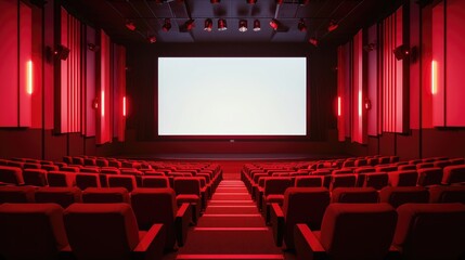 Fototapeta premium The empty cinema hall features a striking red color scheme and a white blank screen, Ai Generated.