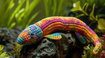 Fototapeta premium Crocheted eel toy vibrant backdrop, handcrafted and adorable, Ai Generated