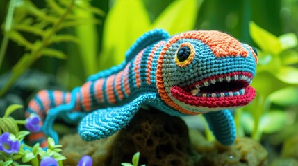 Obraz premium Crocheted eel toy vibrant backdrop, handcrafted and adorable, Ai Generated