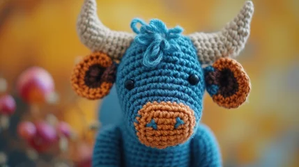 Foto op Canvas Crocheted buffalo toy vibrant backdrop, handcrafted and adorable, Ai Generated © Crazy Juke