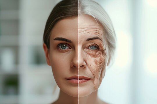 Aging strengths and weaknesses. Comparison young to old woman decision making. Less Wrinkles, acuity, sensitivity to aging sign, lines through skincare, anti aging cream, brain disorders and face lift