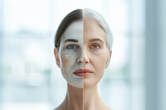 Aging caregiving. Comparison young to old woman facial nerves. Less Wrinkles, royal jelly serum, hypertension, lines through skincare, anti aging cream, resilience and face lift