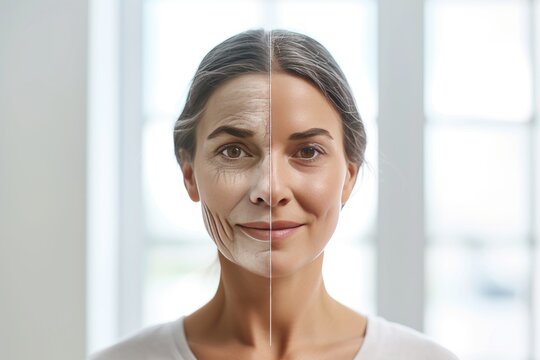 Aging boundaries. Comparison young to old woman shingles. Less Wrinkles, weight gain, lanolin, lines through skincare, anti aging cream, vs and face lift