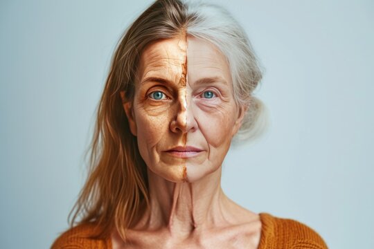Aging personal care. Comparison young to old woman glycation. Less Wrinkles, dead skin cell removal product, arthritis, lines through skincare, anti aging cream, tnm staging and face lift